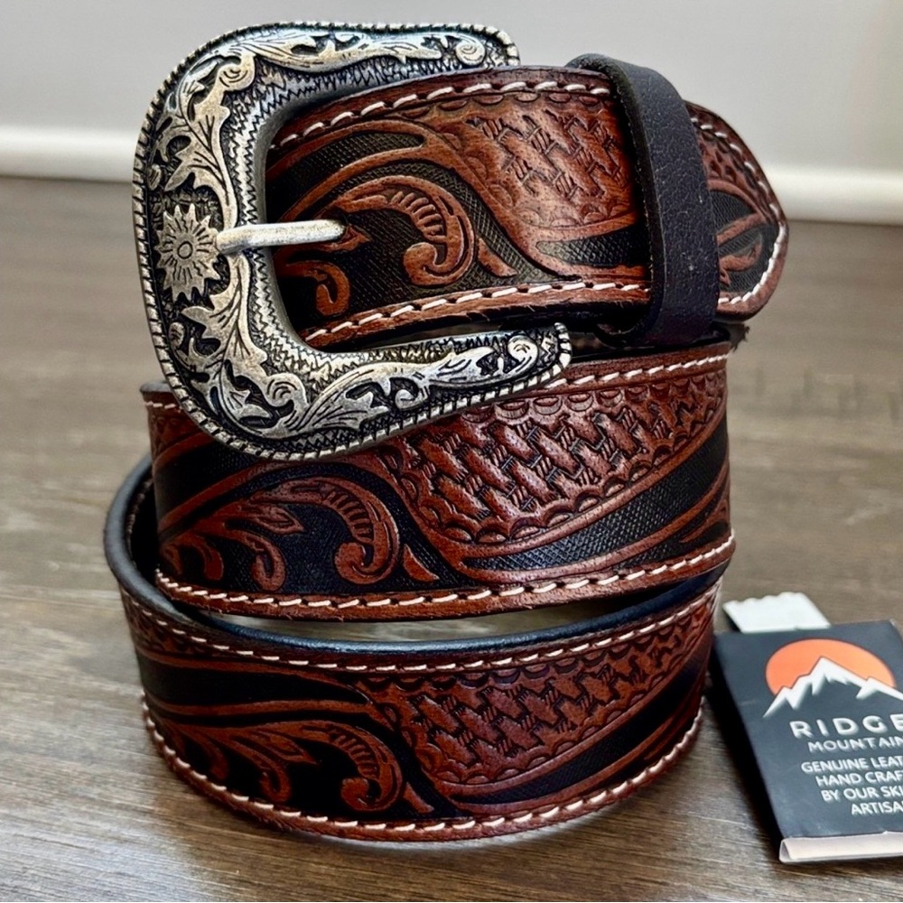 Ridge Mountain Genuine tooled leather,single stitch, silvertone embossed buckle